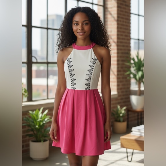 Los Angeles Apparel Cream and Pink Midi Dress - Picture 1 of 3